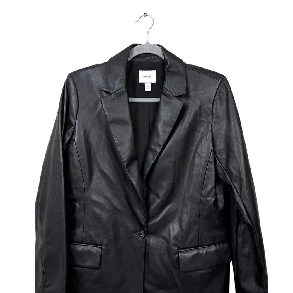 Nine West Women's Black Faux Leather Blazer Jacket Size M Mid-Length Button - Picture 2 of 6